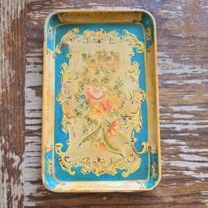 Vintage Decorative Floral Tray in Teal and Gold